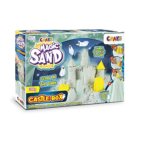 CRAZE MAGIC SAND Castle Box | Glow in The Dark Kinetischer Sand , leuchtend Magischer Sand Set mit 700g Leuchtsand & Zubehör , Knetsand mit Förmchen von CRAZE