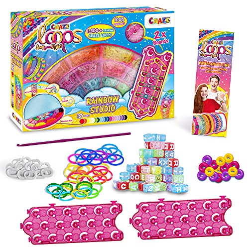 CRAZE LOOPS Rainbow Studio | Loom Bänder XXL Set mit 1300+ Gummibänder und viel Zubehör - Kinder Bastelset - Halsketten, Ringe und Armbänder selber machen von CRAZE loops