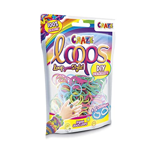CRAZE LOOPS BAG 100 - Loom Bänder Nachfüllpack mit 100 Gummibänder & 5 Verschlüsse - Kinderschmuck Bastelset aus hautfreundliches Silikon - Farbmix von LOOPS