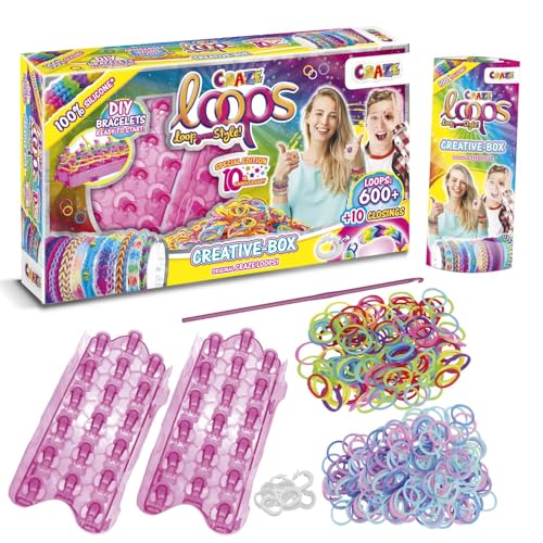 CRAZE LOOPS | Loom Bänder Kreativ Box mit 600 Gummibänder, Verschlüsse, Knüpfboards & Häkelnadel - Kinder Bastelset Halsketten, Ringe und Armbänder selber machen von CRAZE