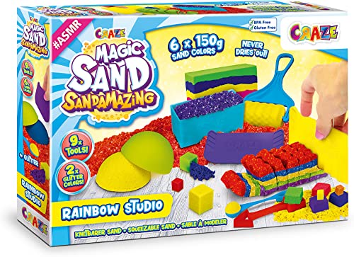 CRAZE MAGIC SAND Sandamazing Rainbow Studio | Magischer Sand Kreativ Set für Kinder , 780g Knetsand mit 11 Sandwerkzeuge und Formen , Blau, Gelb, Rot Orange, Lila, Grün von CRAZE