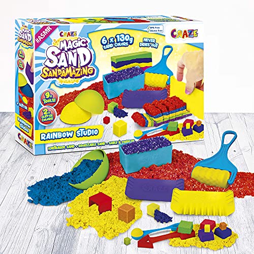 CRAZE MAGIC SAND Sandamazing Rainbow Studio | Magischer Sand Kreativ Set für Kinder , 780g Knetsand mit 11 Sandwerkzeuge und Formen , Blau, Gelb, Rot Orange, Lila, Grün von CRAZE