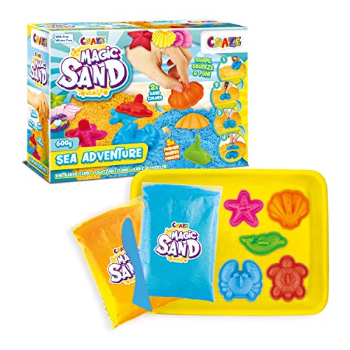 CRAZE MAGIC SAND Sea Adventures | Kinetischer Sand Set 600 g bunter Magischer Sand in 2 Farben mit Förmchen & Koffer, Kreativ Set für Kinder von CRAZE