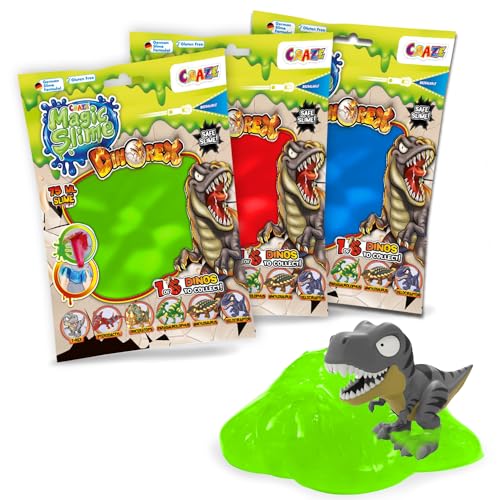CRAZE Magic Slime Bag Surprise Dino 3er Pack | Schleim Kinder im Beutel, 3x75ml mit Dinosaurierfigur im Inneren, Slime Set mit Überraschung, geruchsneutral, rückstandsfrei von CRAZE