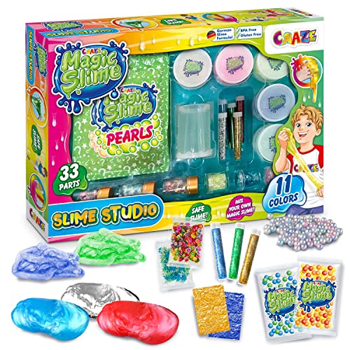 CRAZE Magic Slime Studio Schleim Selbermachen Set DIY Slime Kit 11 Farben mit Zubehör Fluffy Slime mit Perlen Glitzer & Spezialleffekte Schleim Kinder 32862, Bunt, 36.5 x 5.8 x 25.5 cm von CRAZE