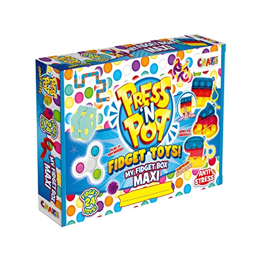 CRAZE PressNPop Press N My Box Maxi 24 Toys Anti Stress Spielzeug Set mit Pop It Schlüsselhänger Cube Fidget Spinner und viel mehr 38147, wunderschöne Farbkombinationen von CRAZE