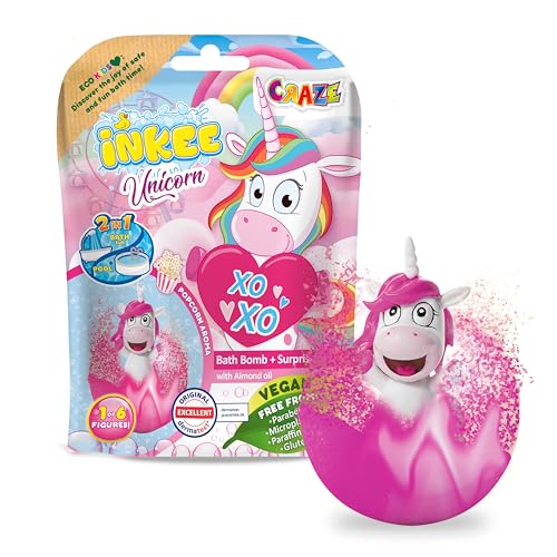 INKEE UNICORN | Badebombe Kinder mit Überraschung, Badekugel 100g mit Einhornfiguren, Pop-corn Duft von INKEE