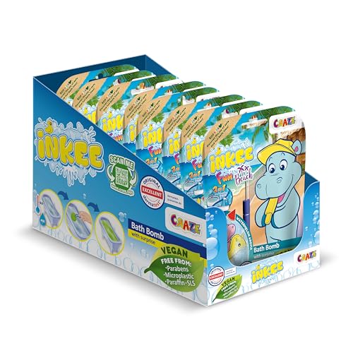 INKEE Fun Beach 8er Multipack | 8x Badekugeln Kinder mit Überraschung, Badebomben Kinder mit Hippo Figuren, Wassermelone Duft & Mango Butter von INKEE