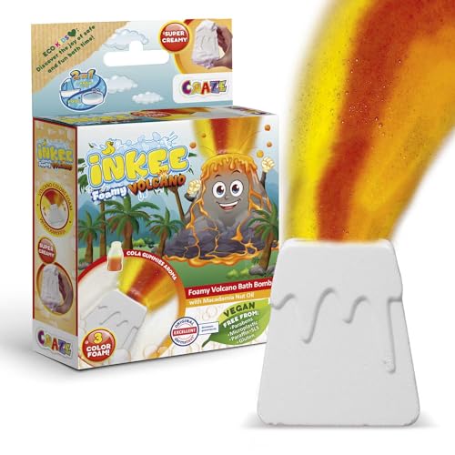 INKEE Foamy Volcano | Badebombe Kinder in Vulkan-Form, Badekugel Kinder Gelb, Rot & Orange mit Cola-Duft & Macadamia-Öl, Super Cremig von INKEE