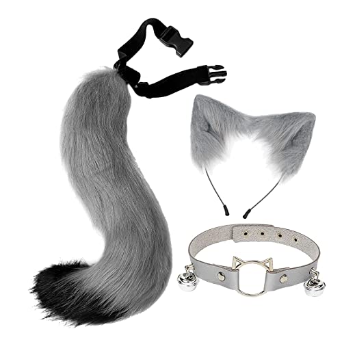 3 x Plüsch-Fuchsohren und -schwanz, Set für Damen und Mädchen, Kopfbedeckung, Halsband, Choker-Set, grau/grau 3 x Plüsch-Fuchsohren und -schwanz, Set für Damen und Mädchen, Kopfbedeckung, Halsband, Choker-Set, grau/grau von CRDARAAV