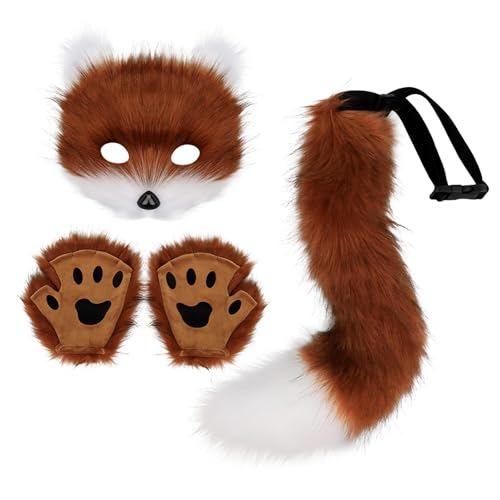 CRDARAAV Therian Maske und Schwanz Set, schönes Halloween-Kostüm für Abschlussball, Geburtstag, Urlaub, Braun-Weiß von CRDARAAV