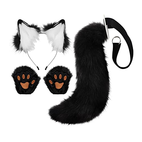 Fuchsohren und Schwanz mit Handschuhen Plüsch Haarreifen für Performance Karneval Tanz Schwarz Schwarz Weiß von CRDARAAV