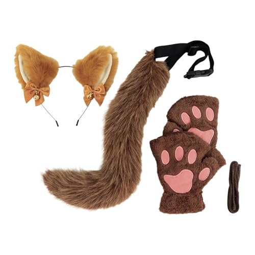 Katzenohren und -schwanz, Plüsch-Ohren, Haarreif für Festival, Halloween, Nachtclub, brauner Schwanz, Länge 50 cm von CRDARAAV