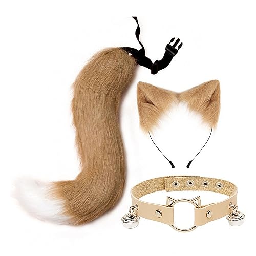 Ohren und langer Schwanz Set Faux Plüsch Haarreifen für Halloween Weihnachten Karneval Khaki von CRDARAAV