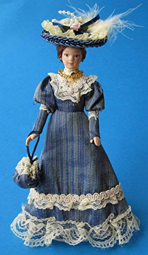 CREAL SàRL Puppe Dame Lady Elegantes blauen Kleid und Hut Puppenstube Miniatur 1:12 von CREAL SàRL