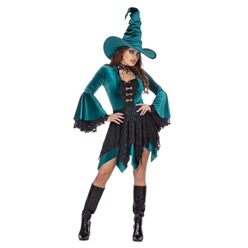 CREATIV DISCOUNT Damen-Kostüm Hexenkleid kurz mit schwarzer Spitze, türkis, Gr. 38 von CREATIV DISCOUNT