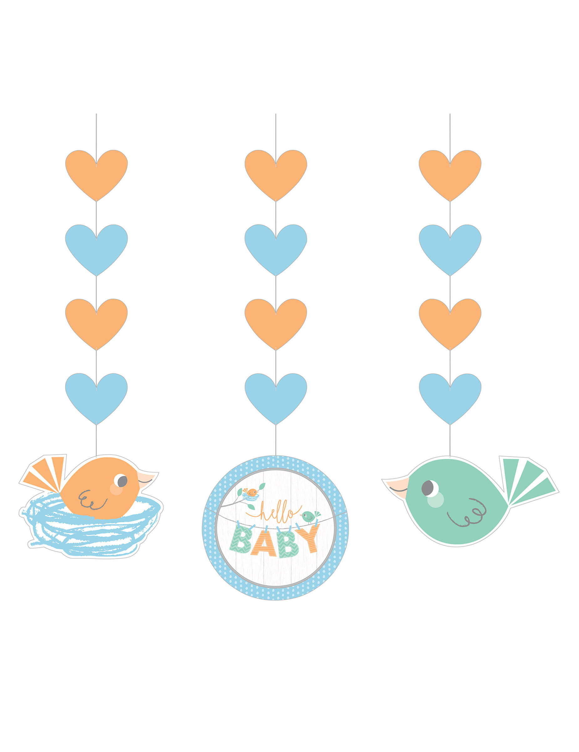 3 Hängedekorationen Hello Baby Blau 91 cm Babyparty von CREATIVE PARTY