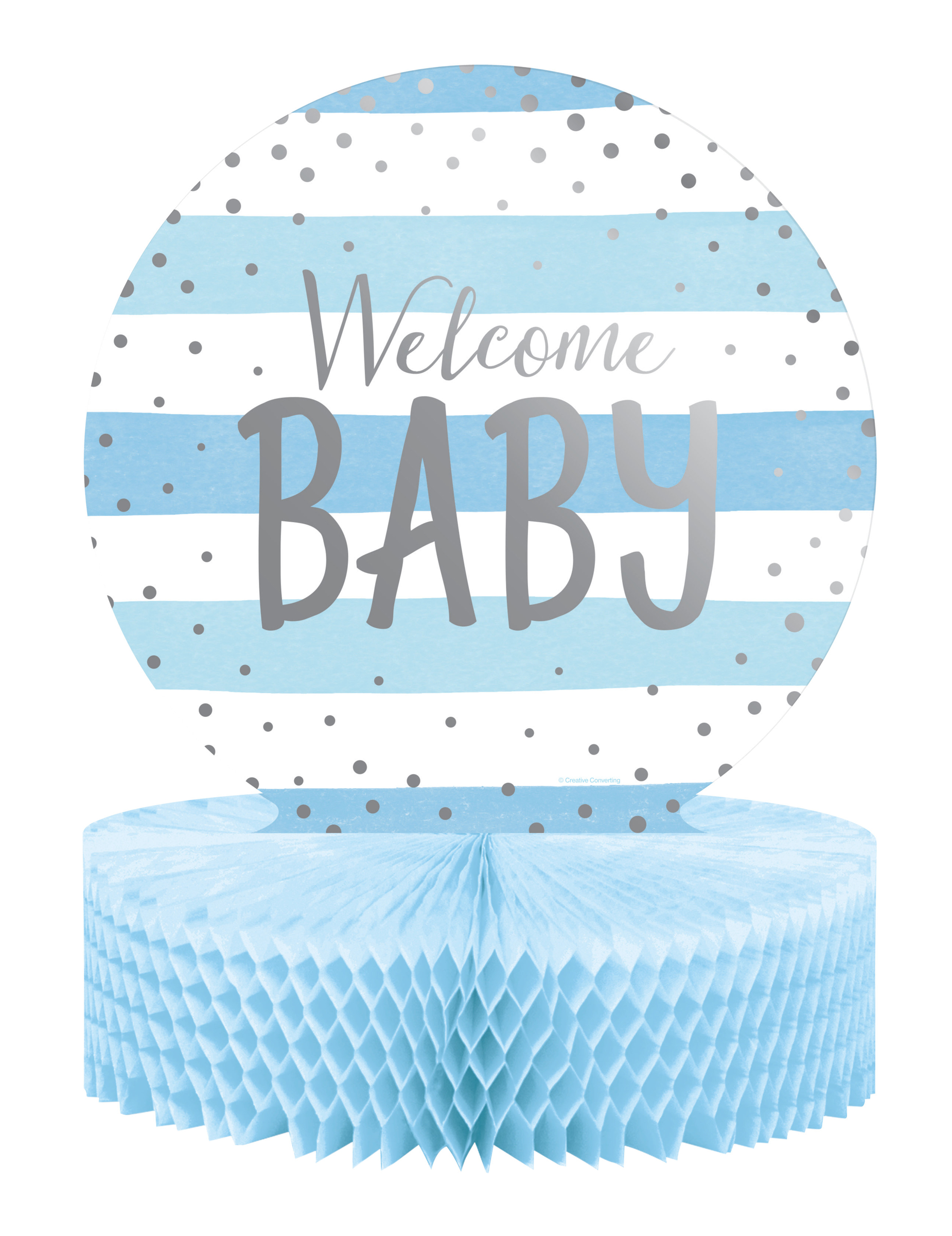 Tischaufsteller Welcome Baby Wabenpapier blau-weiß 23 x 30,5 cm von CREATIVE PARTY