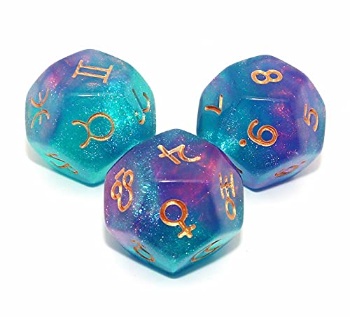 CREEBUY 3 Stück Astrologische Würfel für Sternbild Wahrsagung, 3 Farben D12 Glitzer Basteln Würfel Polyedralen-Set von CREEBUY