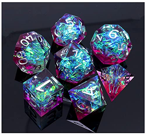 CREEBUY Polyedrisches DND-Würfel-Set aus Kunstharz, lila und seeblau, handgefertigte Galaxie-Würfel mit Geschenkbox, Fantasiewürfel für Mädchen mit hübschem Füllstoff von CREEBUY