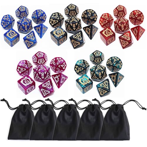 Polyhedral DND Würfelset, 5er Pack Vintage Dragon-Patterned Würfelsets mit D4 D6 D8 D10 D% D12 D20 Kompatibel mit Dungeons and Dragons D&D RPG Spielen (5Farben, 35Pcs) von CREEBUY