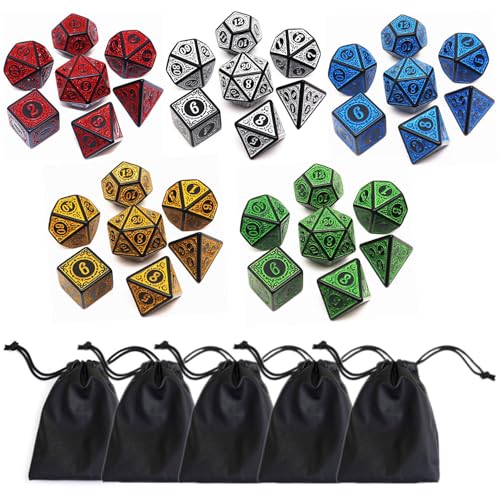 Polyhedral DND Würfelset, 5er Pack Würfelsets passend für Dungeons and Dragons D&D RPG Spiele 7-Würfel Polyhedral Würfel mit Vintage-Muster (35Pcs) von CREEBUY
