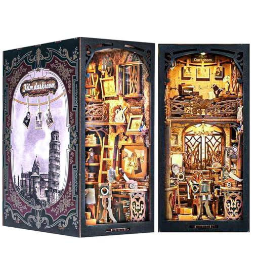 CRESYMME Book Nook Kit, DIY Miniatur Haus Puppenhaus Bausatz Bücherregal Deko für Jugendliche und Erwachsene (Dunkelkammer der Nostalgie) von CRESYMME