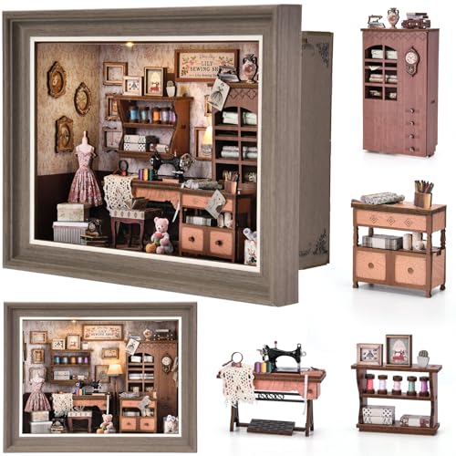 CRESYMME Book Nook Kit, DIY Miniatur Haus Puppenhaus Bausatz Bücherregal Deko für Jugendliche und Erwachsene （Vintage-Nähstube） von CRESYMME