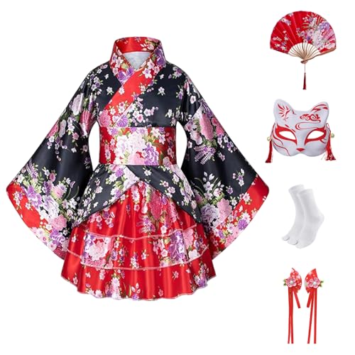 CRFASIBE 5 Stück Kinder Japanische Kimono Robe, Kinder Cosplay Kostüme Kleid, Mädchen Yukata Kostüm Set mit Zubehör, Anime Bademäntel für Party Brithday Spa (150cm) von CRFASIBE