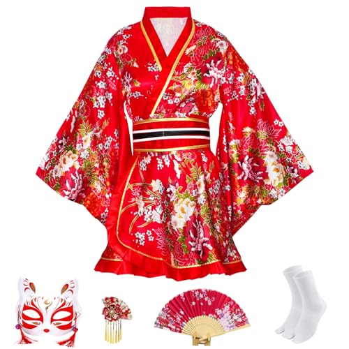CRFASIBE Asiatisches japanisches Kimono-Kleid für Damen, Anime-Dienstmädchen-Outfit, Halloween, Samurai-Kostüme, Yukata, Kawaii-Kleid, 5-teilig (rot) von CRFASIBE