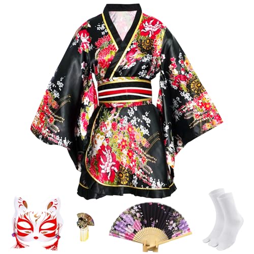 CRFASIBE Asiatisches japanisches Kimono-Kleid für Damen, Anime-Dienstmädchen-Outfit, Halloween, Samurai-Kostüme, Yukata-Kawaii-Kleid, 5-teilig, Schwarz CRFASIBE Asiatisches japanisches Kimono-Kleid für Damen, Anime-Dienstmädchen-Outfit, Halloween, Samurai-Kostüme, Yukata-Kawaii-Kleid, 5-teilig, Schwarz von CRFASIBE