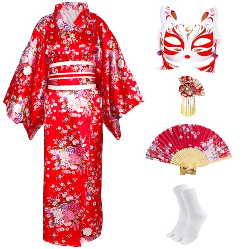 CRFASIBE Japanischer Kimono für Damen, Geisha-Kostüm, asiatisches Kleid, Anime-Kostüm, Yukata-Kimono, Robe, Maske, Handfächer-Socken, 5 Stück (rot) von CRFASIBE