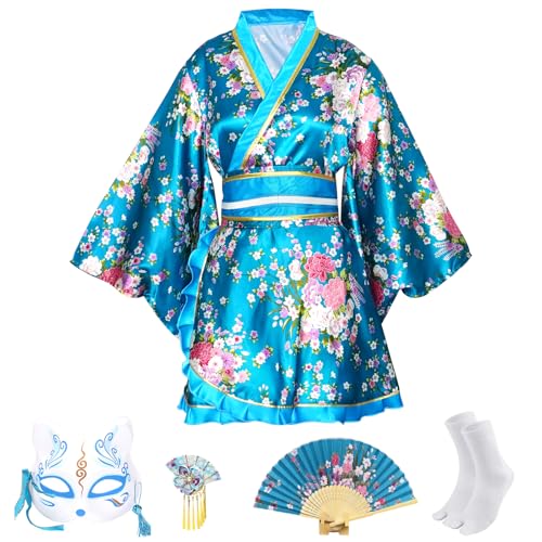 CRFASIBE Kimonos für Damen, japanisches Kleid, Yukata, Sakura, Cosplay, Anime, Dienstmädchen-Outfit, Halloween, Samurai-Kostüme, 5-teilig (blau) von CRFASIBE