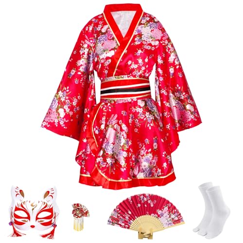 CRFASIBE Kimonos für Damen, japanisches Kleid, Yukata, Sakura, Cosplay, Anime, Dienstmädchen-Outfit, Halloween, Samurai-Kostüme, 5-teilig (rot) von CRFASIBE