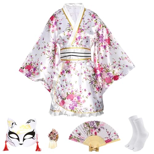 CRFASIBE Kimonos für Damen, japanisches Kleid, Yukata, Sakura, Cosplay, Anime, Dienstmädchen-Outfit, Halloween, Samurai-Kostüme, 5-teilig (weiß) von CRFASIBE