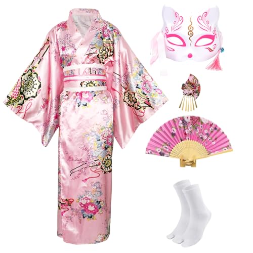 CRFASIBE Kimonos für Damen, japanisches Kleid, Yukata-Geisha-Kostüm, ausgefallener Robe, Anime, Cosplay, Dienstmädchen-Outfit, Maske, Handfächer-Socken, 5 Stück (Rosa) von CRFASIBE