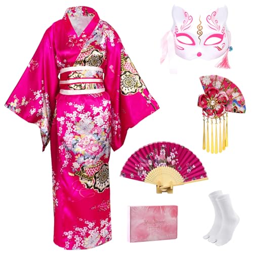 CRFASIBE Kimonos für Damen, japanisches Kleid, Yukata-Geisha-Kostüm, ausgefallener Robe, Anime, Cosplay, Dienstmädchen-Outfit, Maske, Handfächer-Socken, 5 Stück (Rosarot) von CRFASIBE