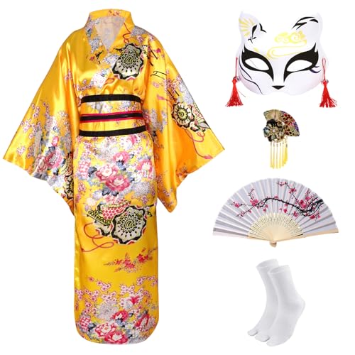 CRFASIBE Kimonos für Damen, japanisches Kleid, Yukata-Geisha-Kostüm, ausgefallener Robe, Anime, Cosplay, Dienstmädchen-Outfit, Maske, Handfächer-Socken, 5 Stück (gelb) von CRFASIBE