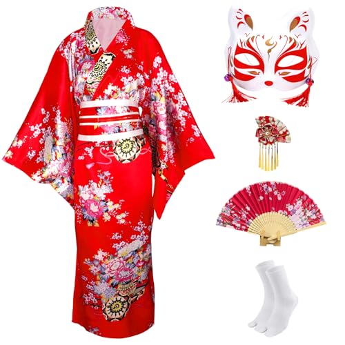 CRFASIBE Kimonos für Damen, japanisches Kleid, Yukata-Geisha-Kostüm, ausgefallener Robe, Anime, Cosplay, Dienstmädchen-Outfit, Maske, Handfächer-Socken, 5 Stück (rot) von CRFASIBE