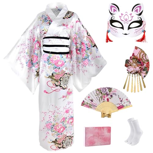 CRFASIBE Kimonos für Damen, japanisches Kleid, Yukata-Geisha-Kostüm, ausgefallener Robe, Anime, Cosplay, Dienstmädchen-Outfit, Maske, Handfächer-Socken, 5 Stück (weiß) von CRFASIBE