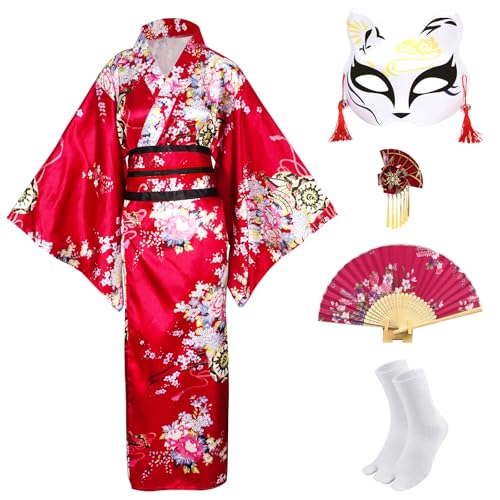 CRFASIBE Kimonos für Damen, japanisches Kleid, Yukata-Geisha-Kostüm, ausgefallener Robe, Anime, Cosplay, Dienstmädchen-Outfit, Maske, Handfächersocken, 5 Stück, Weinrot CRFASIBE Kimonos für Damen, japanisches Kleid, Yukata-Geisha-Kostüm, ausgefallener Robe, Anime, Cosplay, Dienstmädchen-Outfit, Maske, Handfächersocken, 5 Stück, Weinrot von CRFASIBE