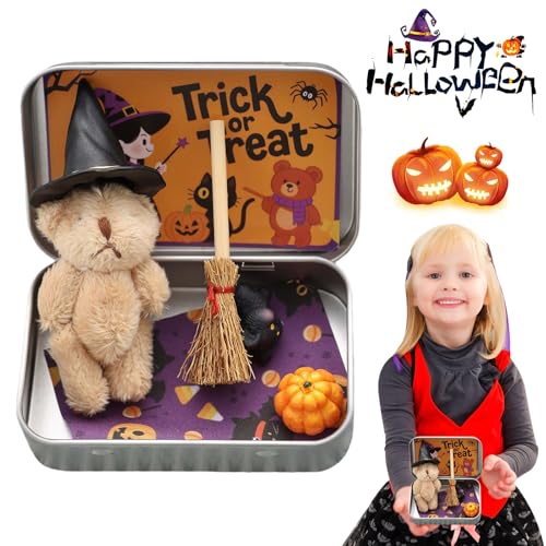 Handmade Witch Bear in Box, Cute Halloween Teddy with Broom, Pumpkin & Cat, Plush Mini Bear Emotional Support Gift for Friends, Trick or Treat Party Favour Decor von CRGANGZY
