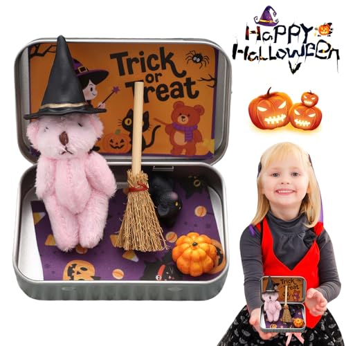 Handmade Witch Bear in Box, Cute Halloween Teddy with Broom, Pumpkin & Cat, Plush Mini Bear Emotional Support Gift for Friends, Trick or Treat Party Favour Decor von CRGANGZY