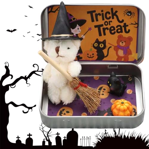 Handmade Witch Bear in Box, Cute Halloween Teddy with Broom, Pumpkin & Cat, Plush Mini Bear Emotional Support Gift for Friends, Trick or Treat Party Favour Decor von CRGANGZY