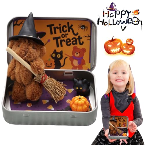 Handmade Witch Bear in Box, Cute Halloween Teddy with Broom, Pumpkin & Cat, Plush Mini Bear Emotional Support Gift for Friends, Trick or Treat Party Favour Decor von CRGANGZY