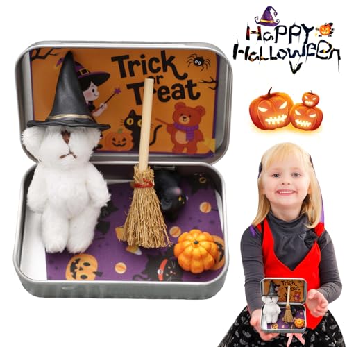 Handmade Witch Bear in Box, Cute Halloween Teddy with Broom, Pumpkin & Cat, Plush Mini Bear Emotional Support Gift for Friends, Trick or Treat Party Favour Decor von CRGANGZY