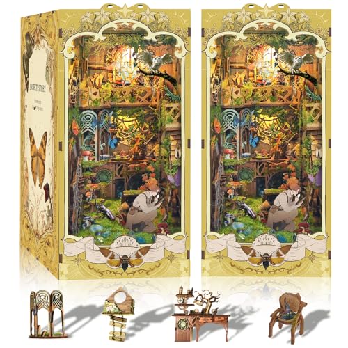 CRIOLPO Book Nook Kit-DIY Puppenhaus Holz Haus, Buch Ecke Miniatur Kit für Erwachsene Teens, 3D Holzpuzzle Bücherecke Bücherregaleinsatz mit Sensor Led Licht von CRIOLPO