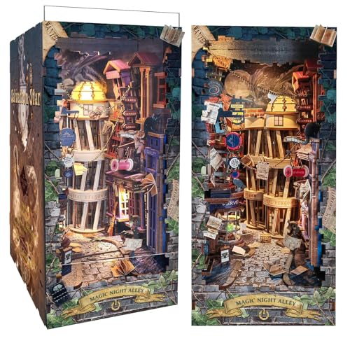 CRIOLPO Book Nook Kit-DIY Puppenhaus Holz Miniatur Haus Kit, Buch Ecke Miniatur Kit für Erwachsene Teens, 3D Holzpuzzle Bücherecke Bücherregaleinsatz Kits mit Sensor Led Licht von CRIOLPO