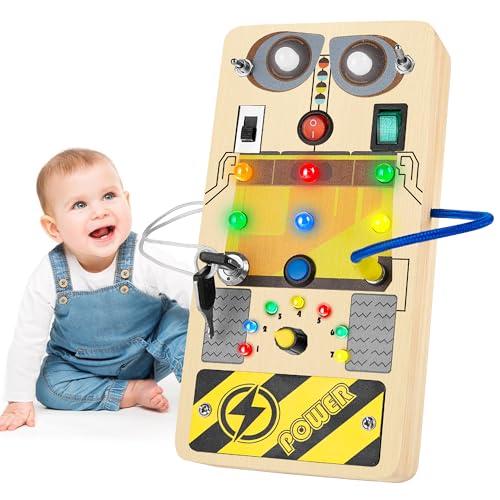 CRIOLPO Busy Board Montessori Spielzeug ab 1 2 3 Jahre, Activity Board Holzspielzeug LED Kinderspielzeug Motorikspielzeug Lernspielzeug mit 8 LED, Geschenk für Babys Jungen MäDch von CRIOLPO