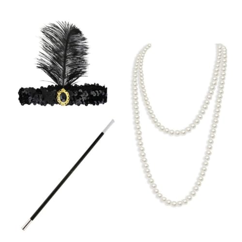 CRLLDPM 3 Teiliges 20er Jahre Accessoires, 1920 Zubehörset, Great Gatsby Accessoires Flapper Set Party Kostüme Damen mit Flapper Stirnband Perlenkette für Halloween Weihnachten von CRLLDPM